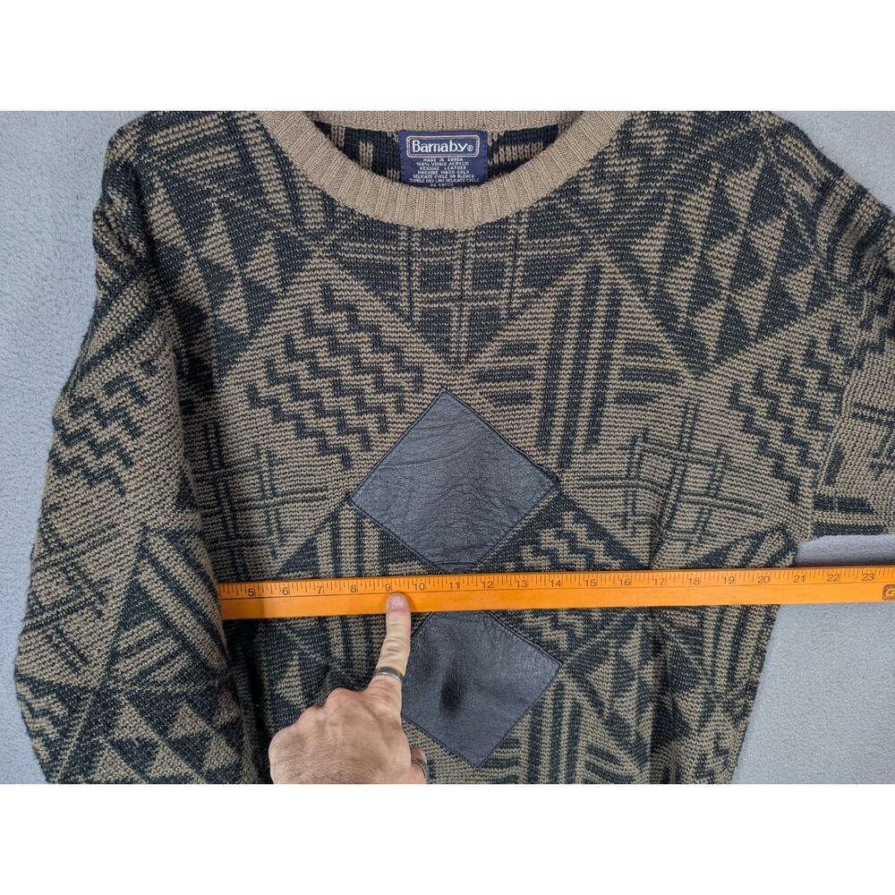 Vintage Barnaby Geometric Crewneck Sweater w/ Genuine Leather Diamonds 80s 90s - Picture 5 of 6